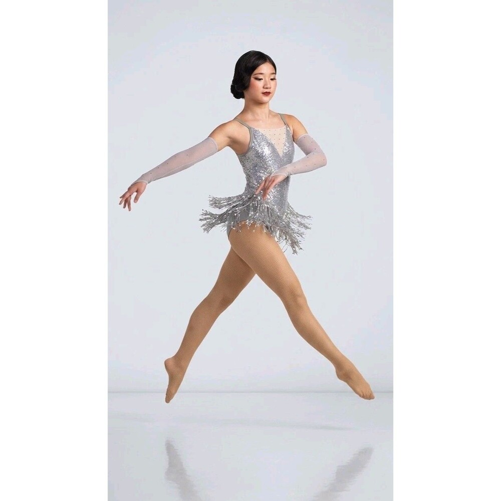 Weissman Dance Costume Lyrical Silver Sequin Bodysuit Fringe Swing Adult MA